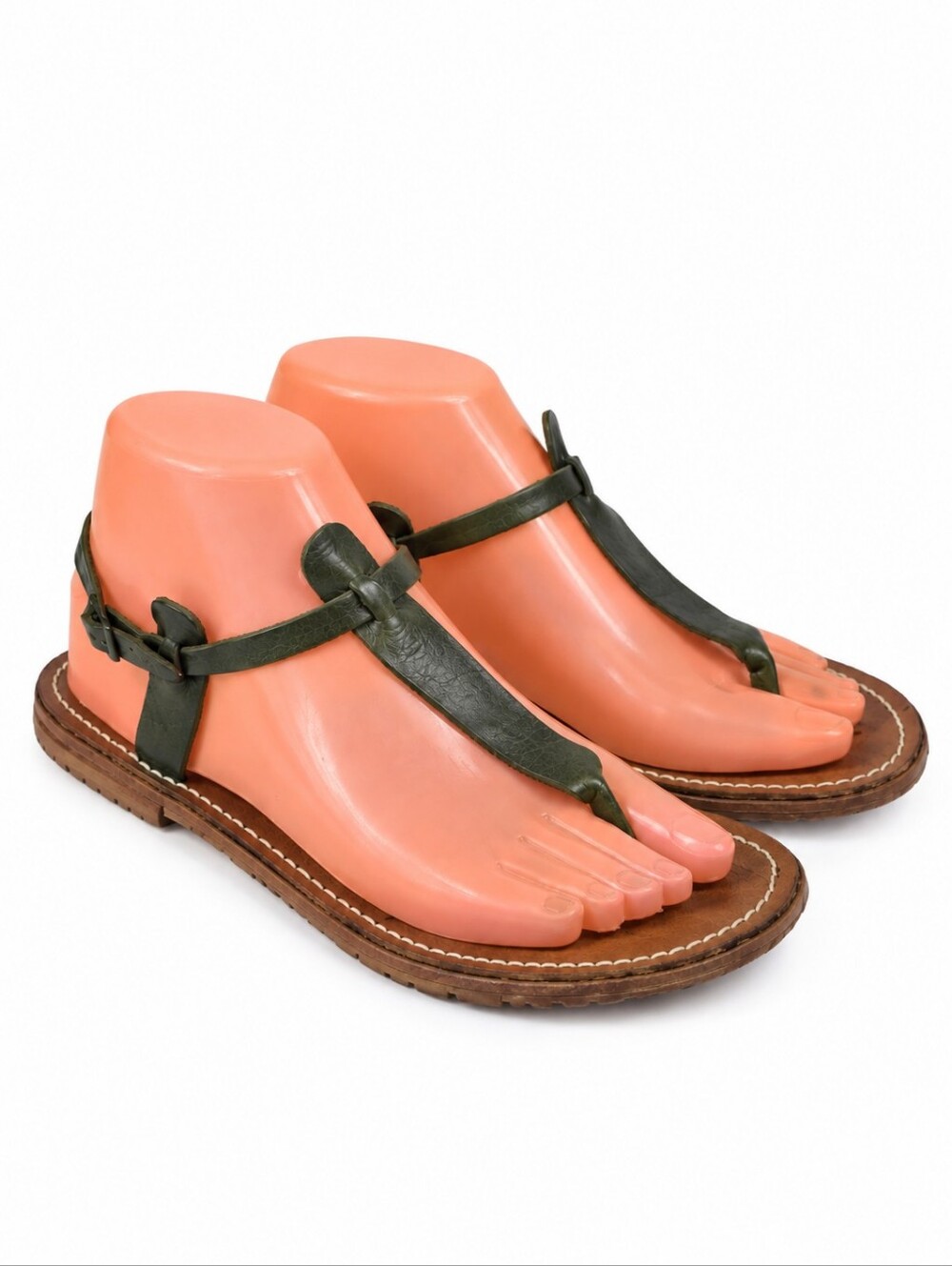Vintage Homemade Green Olive Leather Unique Foot-Shaped Leather Sandals 8